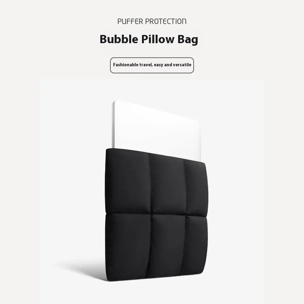 Black and khaki polyester laptop sleeve with sewing thread detail for 13 to 15.6 inch laptops.