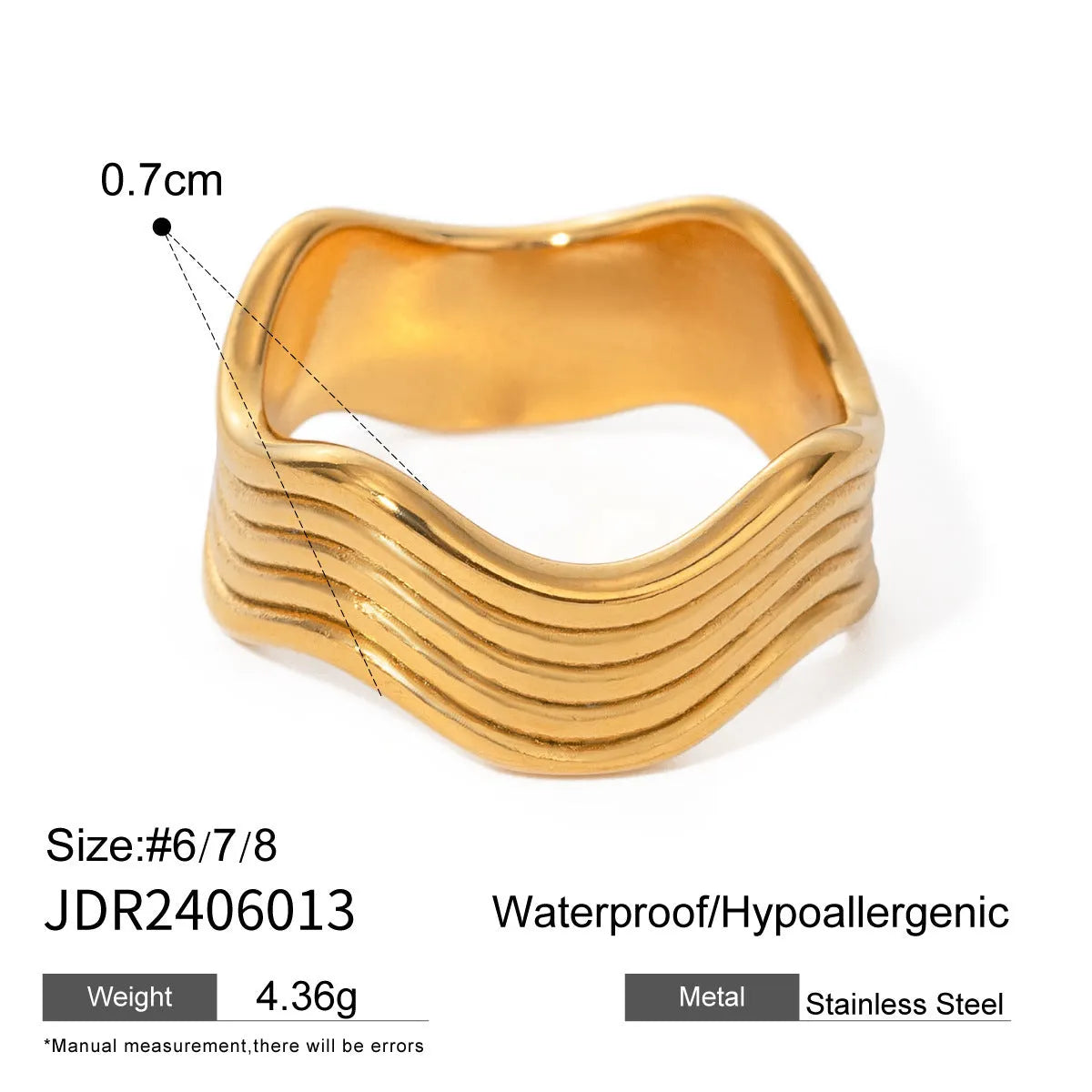 A women's stainless steel ring with a wide, sculptural geometric wave design and an electroplated silver-toned finish.