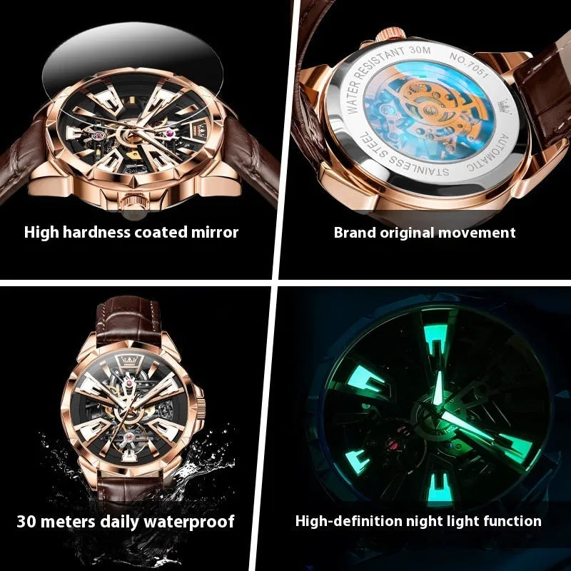 Men's automatic mechanical watch with 44mm barrel dial and transparent case back on genuine leather strap