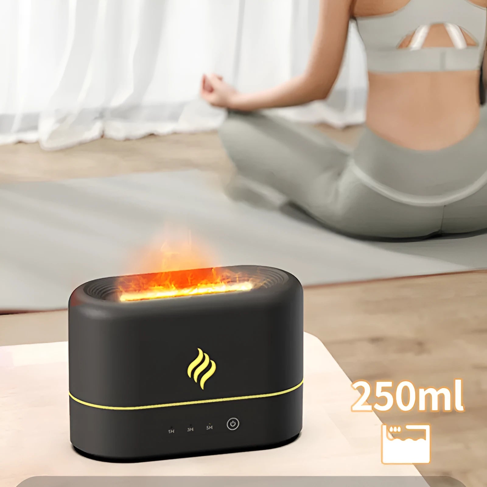 Seven-colour flame effect humidifier with black plastic housing showing mist outlet and USB power connection