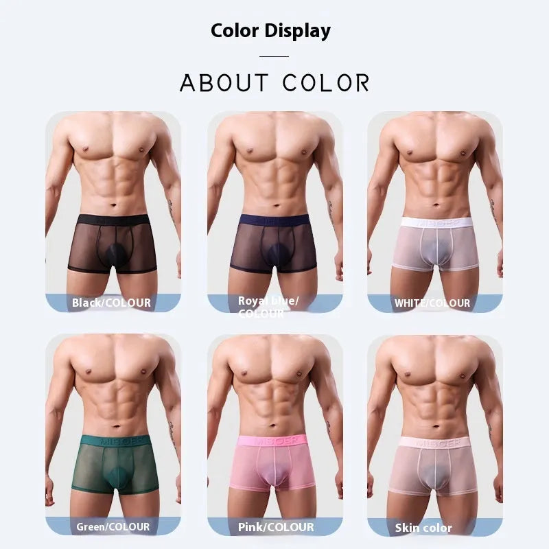 Men's thin solid-colour boxer shorts in black, white, blue, green, pink, and skin colour.