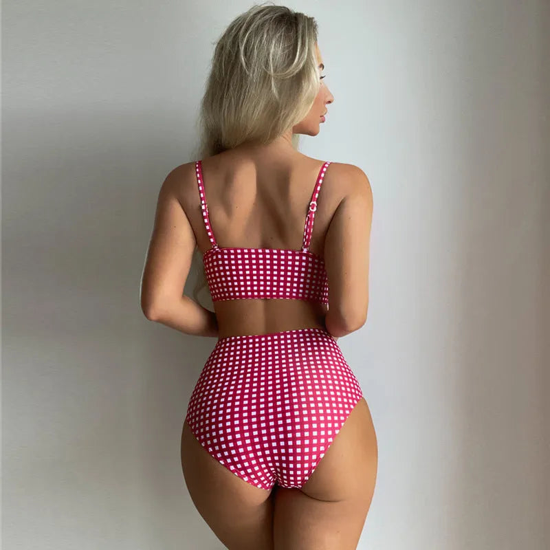Women's high-waisted plaid bikini swimsuit with split briefs design in polyester fibre