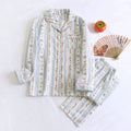 Japanese-style ladies' cotton gauze homewear set with long sleeves and trousers in colour stripe or fruit print patterns