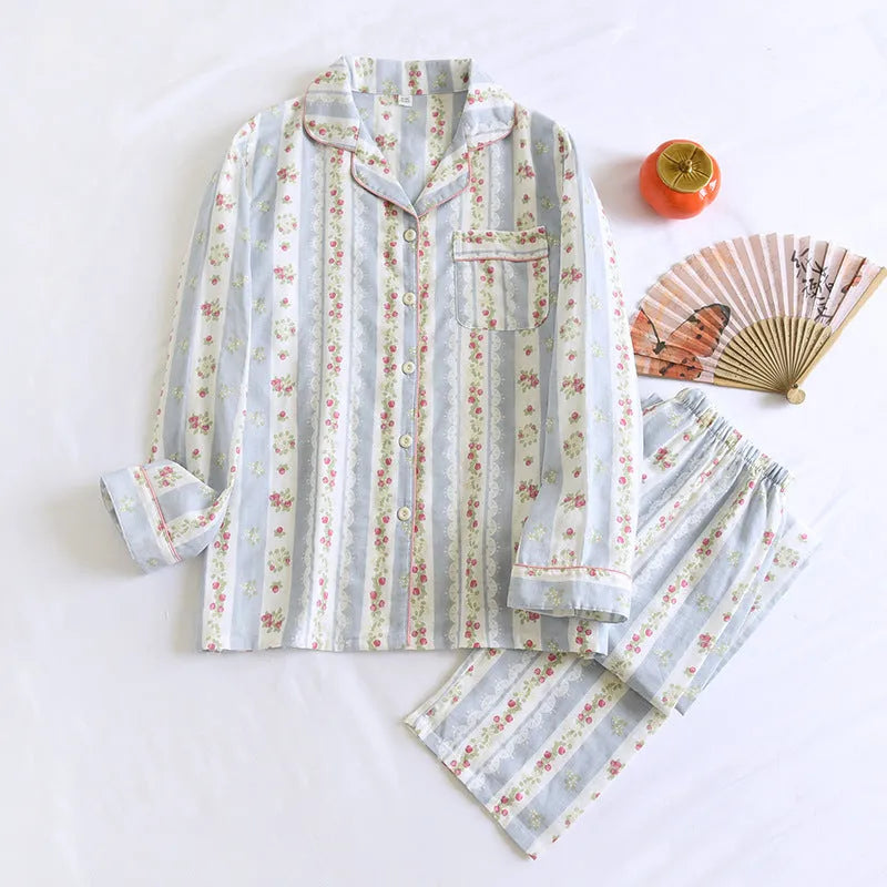 Japanese-style ladies' cotton gauze homewear set with long sleeves and trousers in colour stripe or fruit print patterns