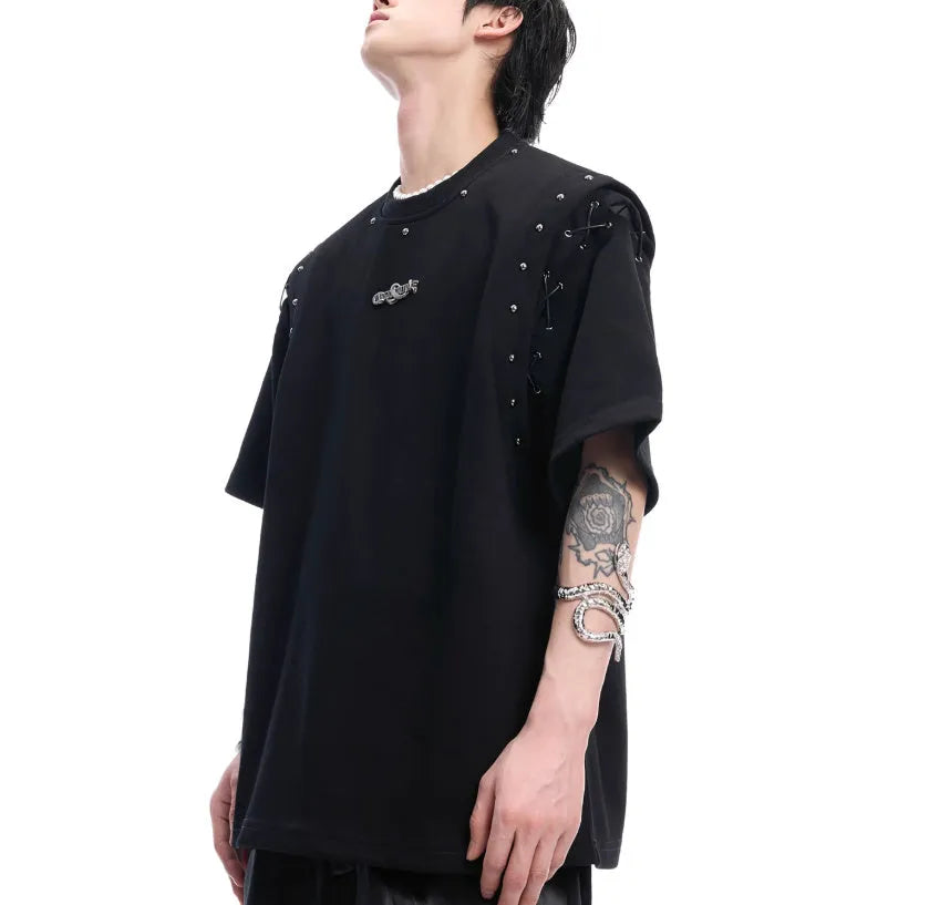 Women's black short sleeve t-shirt with a lace-up cutout design detail on the front