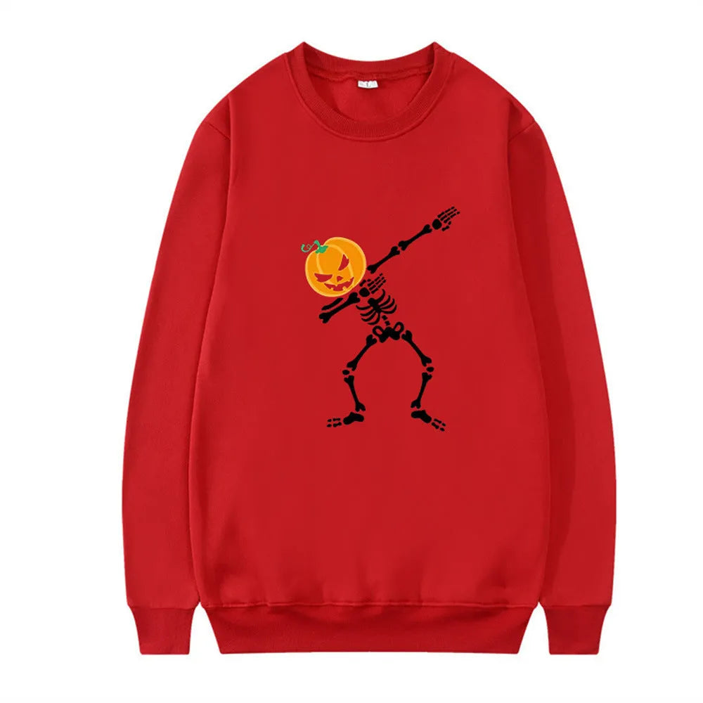Women's printed crew neck long sleeve top in black, red, yellow, white, and orange red.
