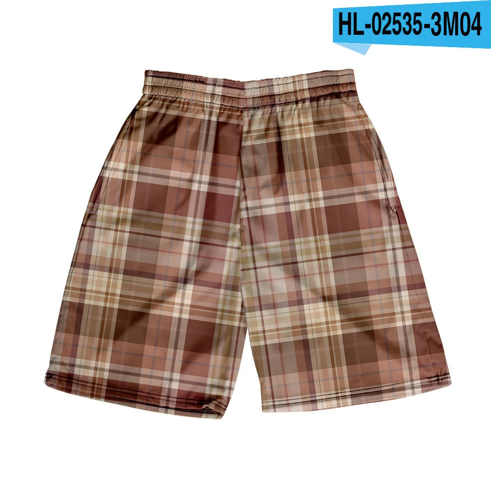Men's polyester plaid shorts with elastic waistband in straight cut for casual wear