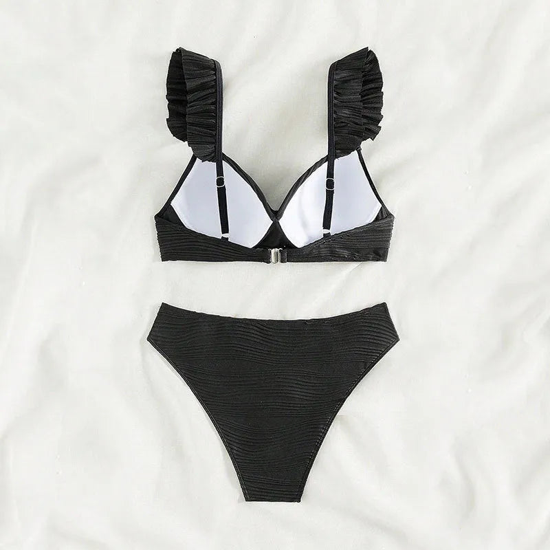 Solid colour women's bikini swimsuit in black or khaki with two-piece design