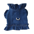 Blue denim dog dress with ruffles and integrated leash hooks on the chest and back.