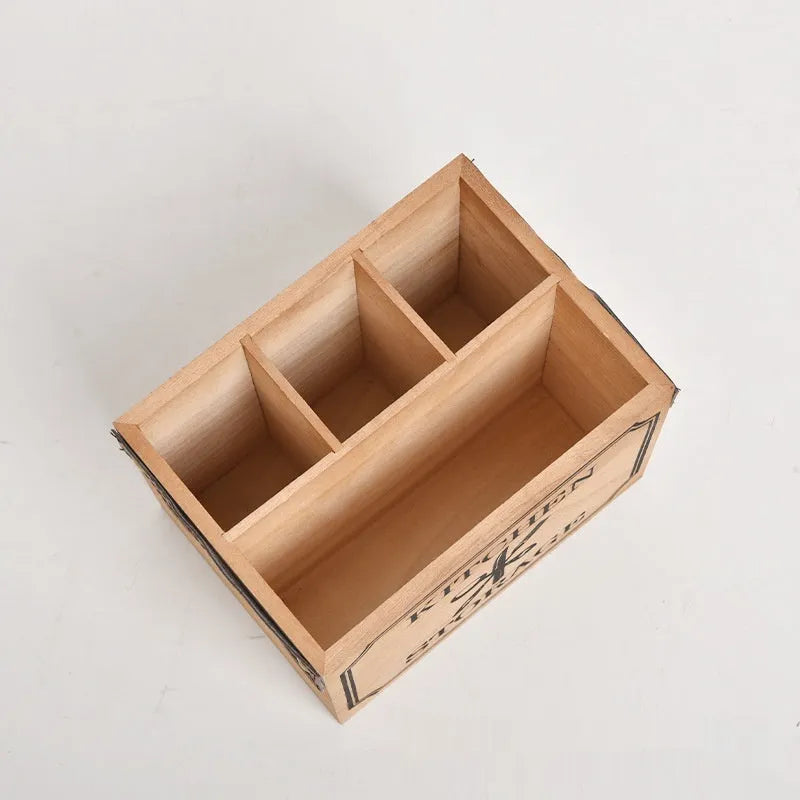 Wooden kitchen storage box with internal grid compartments for organising cutlery and chopsticks
