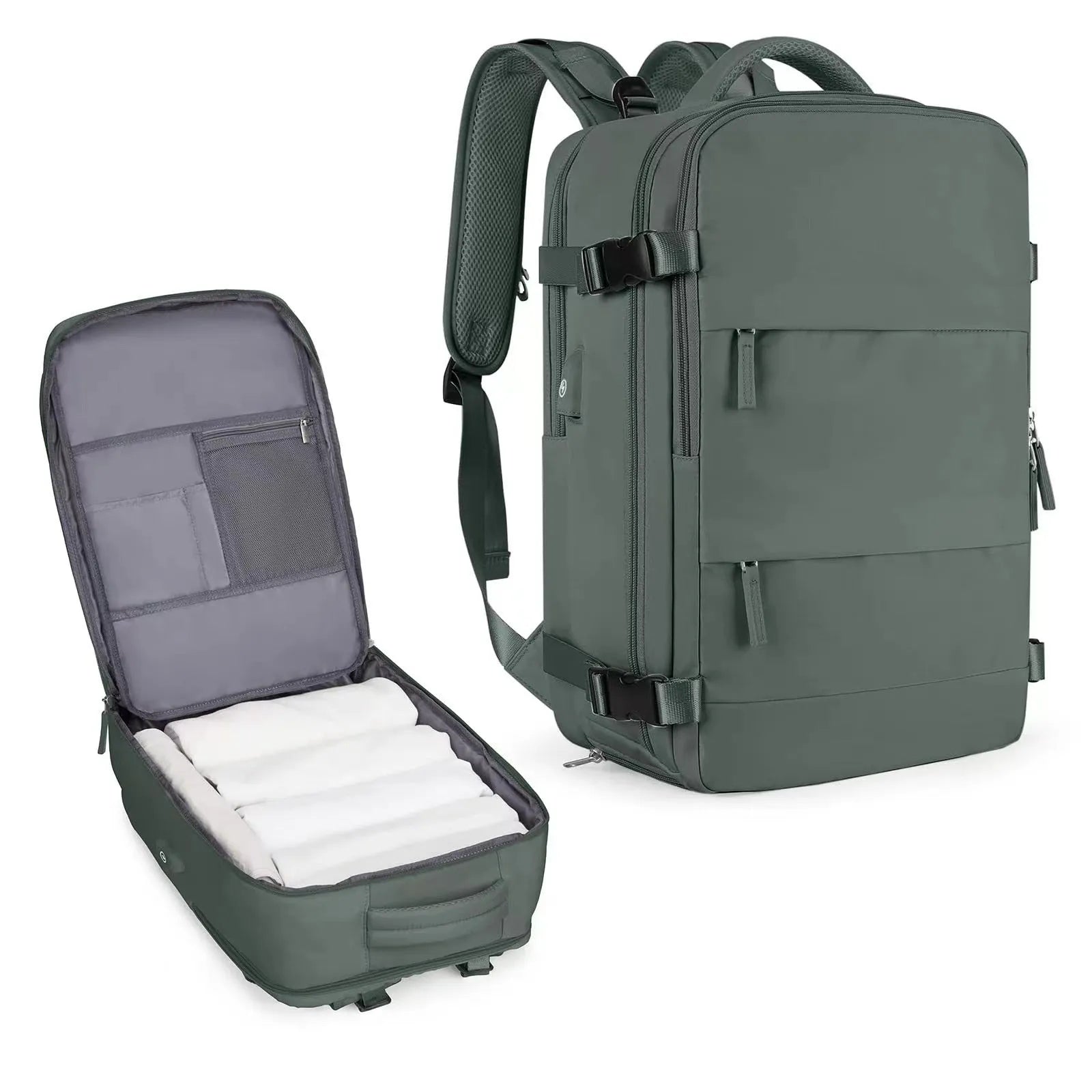 Large black waterproof nylon mummy backpack with zipped compartments.