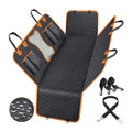 Black waterproof dog car seat cover with orange edge, shown as a hammock on a rear car seat