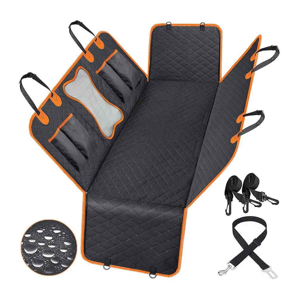 Black waterproof dog car seat cover with orange edge, shown as a hammock on a rear car seat