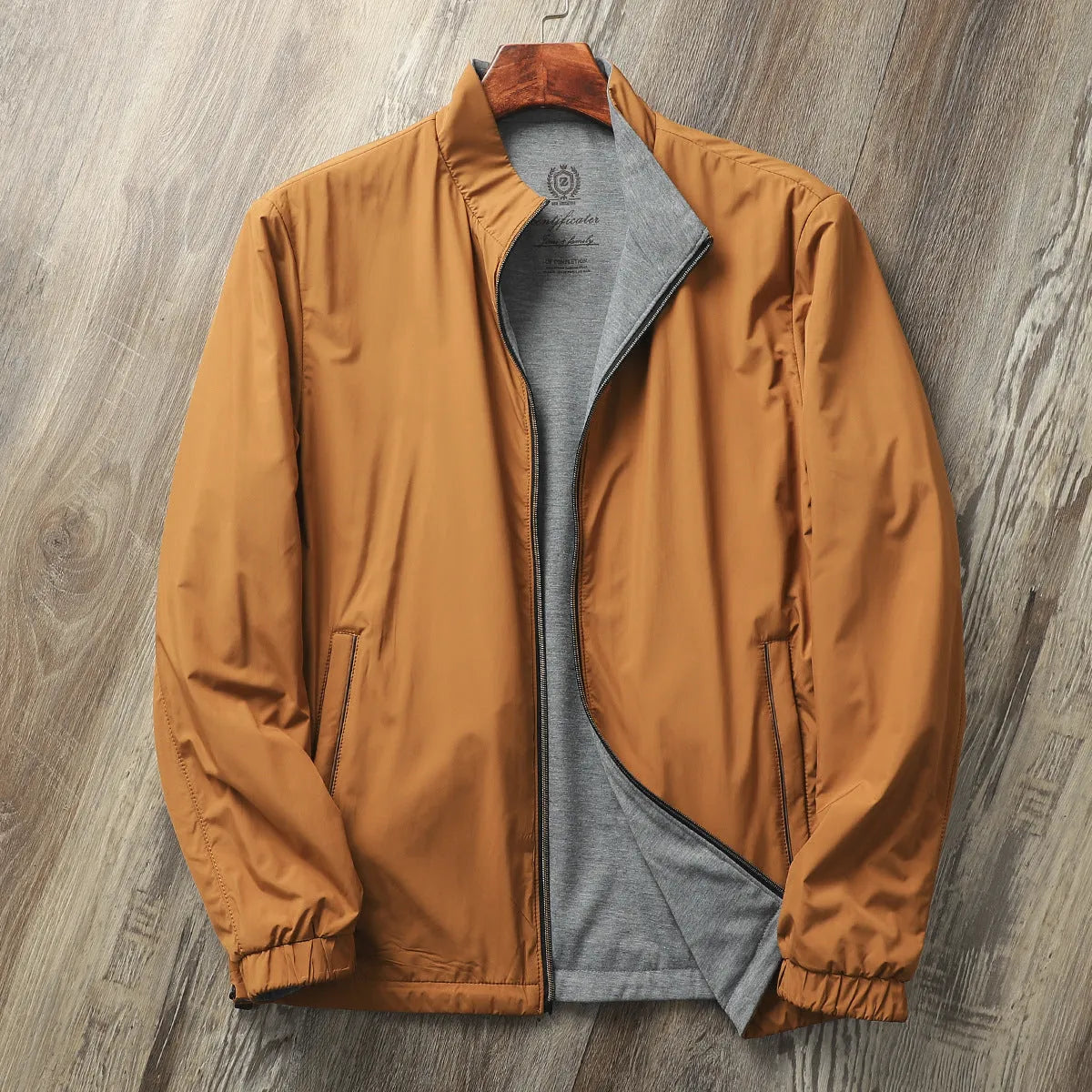 Men's stand collar business casual jacket in polyester cotton blend fabric showing regular fit and standard sleeves
