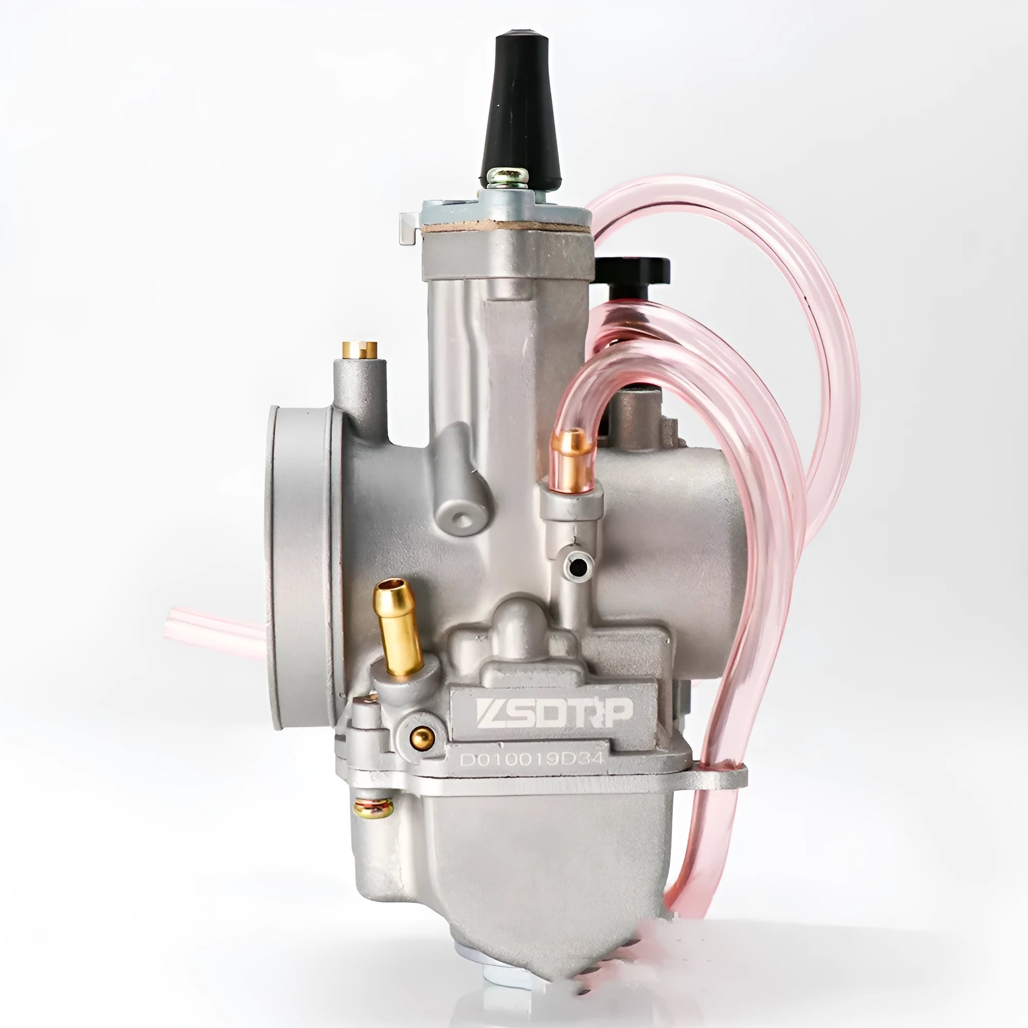 Sandblasted PWK motorcycle carburetor for performance modification, showing bore size options.