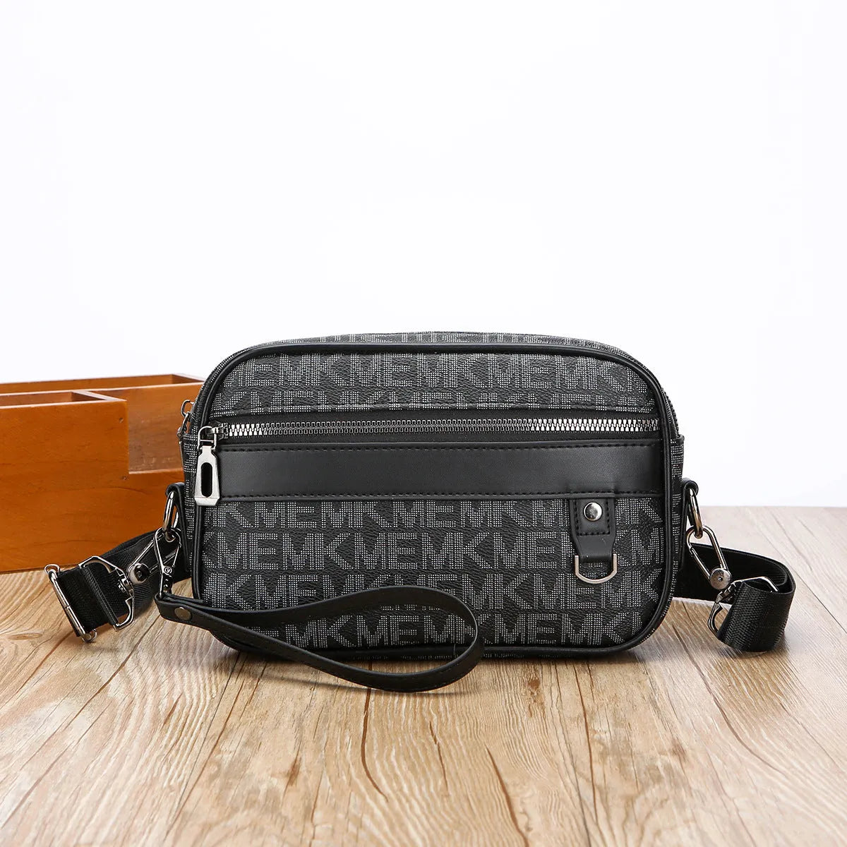 Men's geometric pattern PU messenger bag shown in a horizontal carry position.