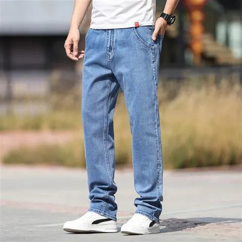 Men's smoky grey rabbit fur jeans with straight cut and low waist design