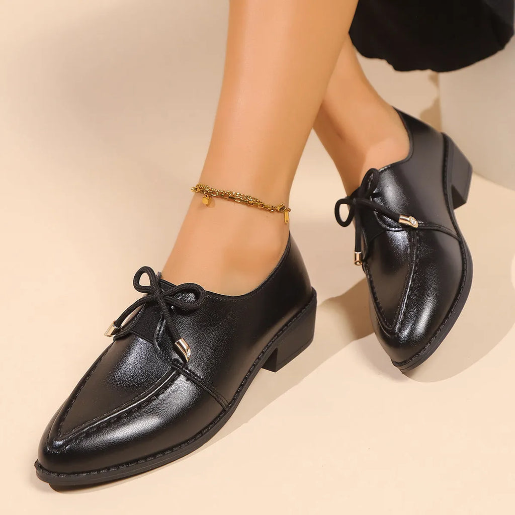 Women's British-style flat shoes with bow detail on PU upper and rubber sole
