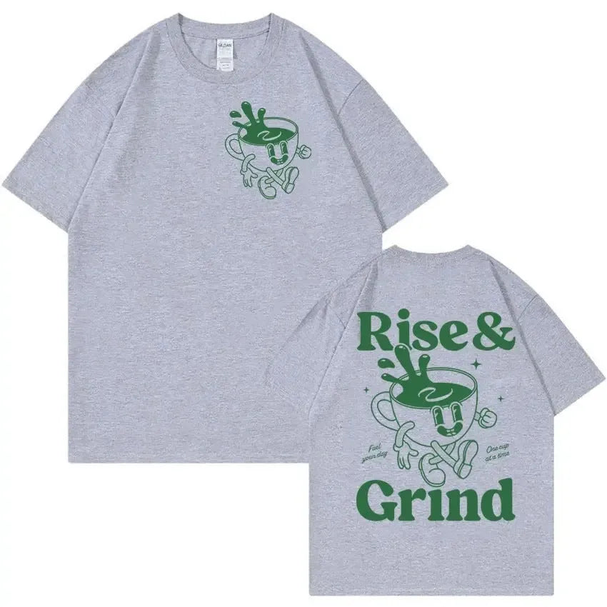 Loose-fit men's t-shirt with 'Rise and Grind' green coffee cartoon graphic in linen blend fabric