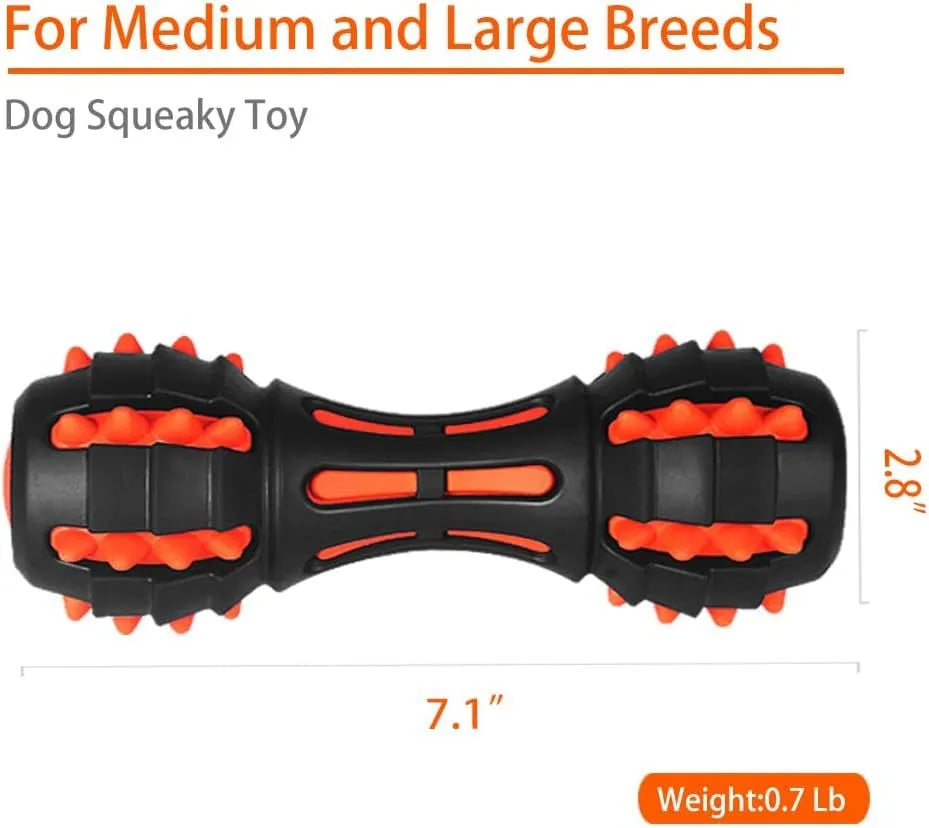 Red rubber dumbbell-shaped dog chew toy for aggressive chewers with textured surface