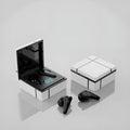 Bluetooth gaming headset with a digital display on the earpiece, shown in blue and white colour scheme.
