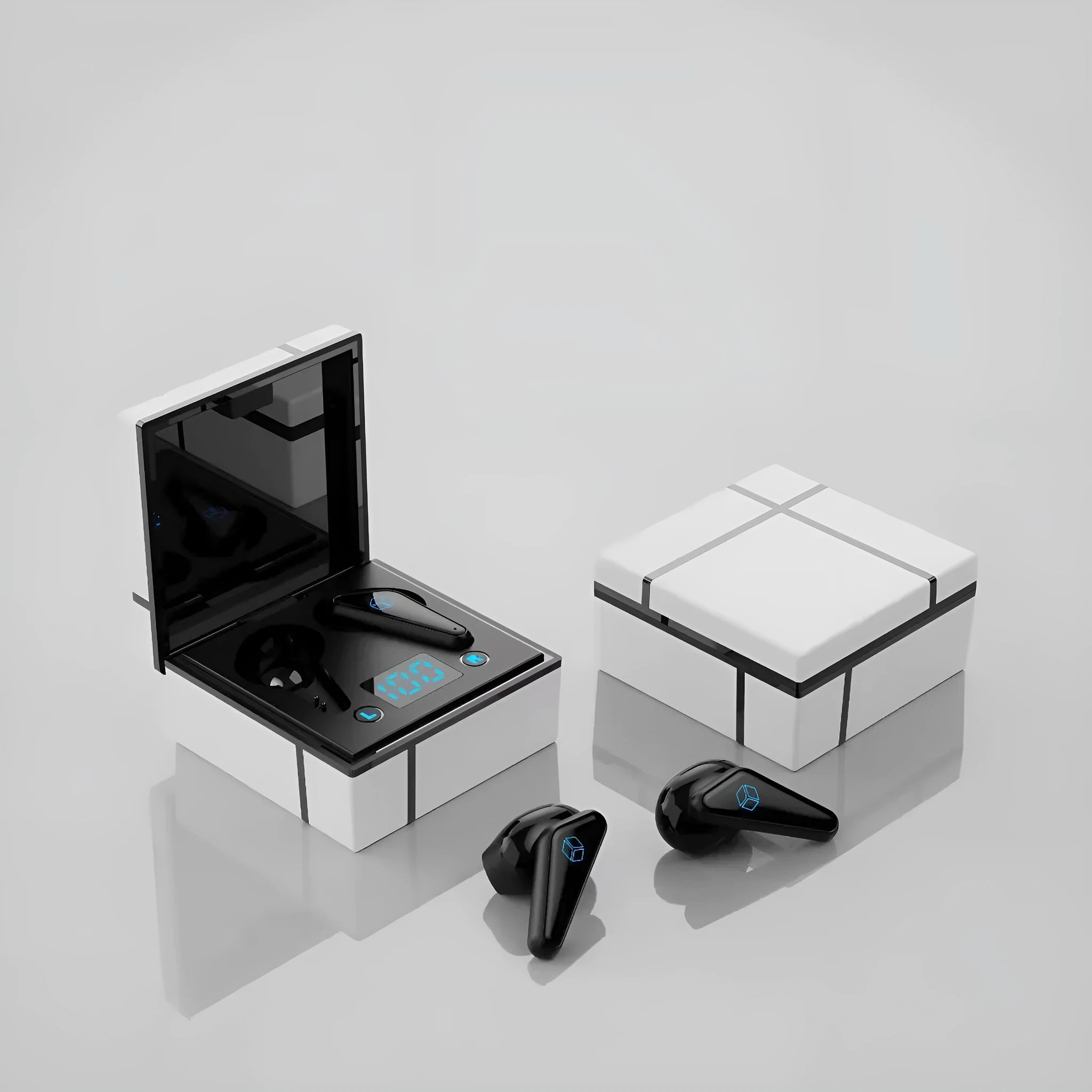 Bluetooth gaming headset with a digital display on the earpiece, shown in blue and white colour scheme.