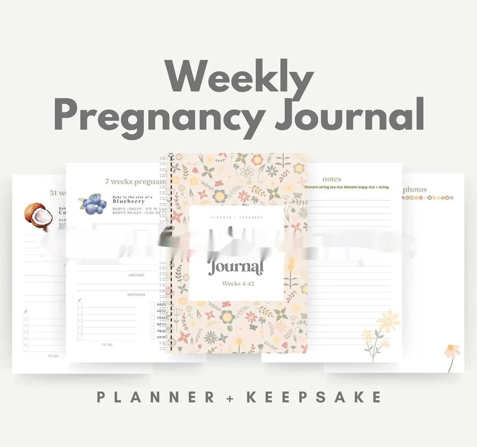 A5 pregnancy weekly diary notebook open showing weekly tracking pages
