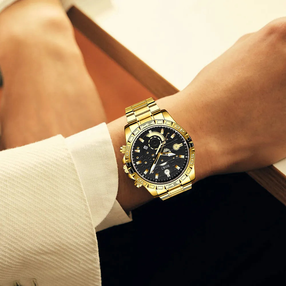 Men's gold business quartz watch with stainless steel bracelet and calendar function
