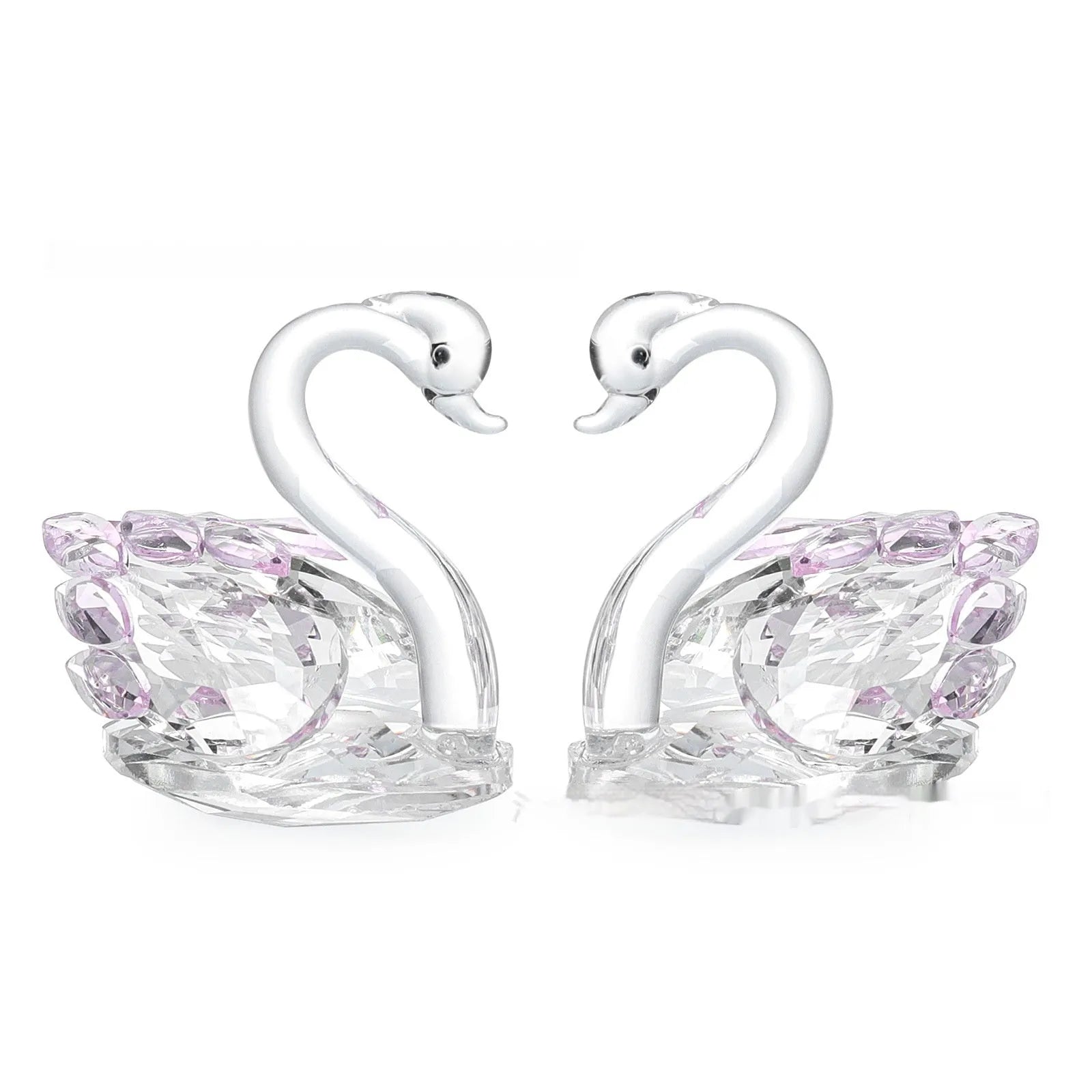 Crystal swan desktop ornament in red, blue, pink, or purple on a wooden surface.