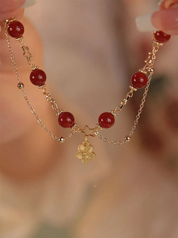 Women's red agate double layer ethnic bracelet with peach blossom floral design