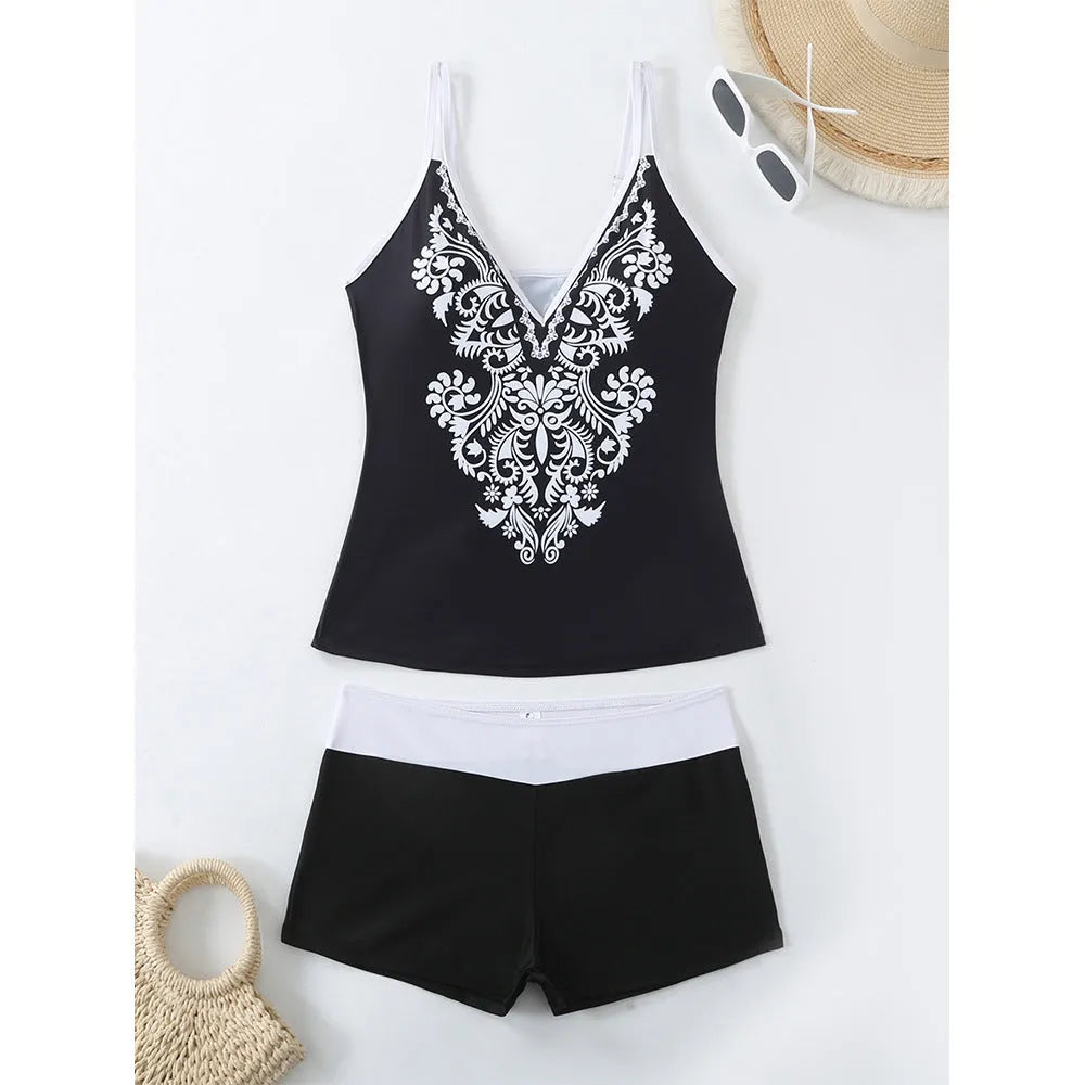Plus size women's swimsuit set with top and shorts in black or rose red briefs style