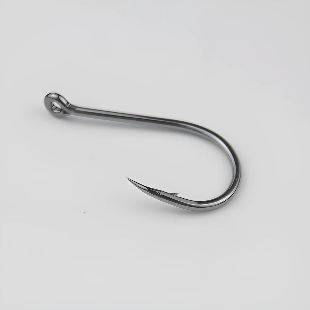 Bulk pack of barbed fishing hooks with crooked mouth and hole ring in alloy carbon steel.