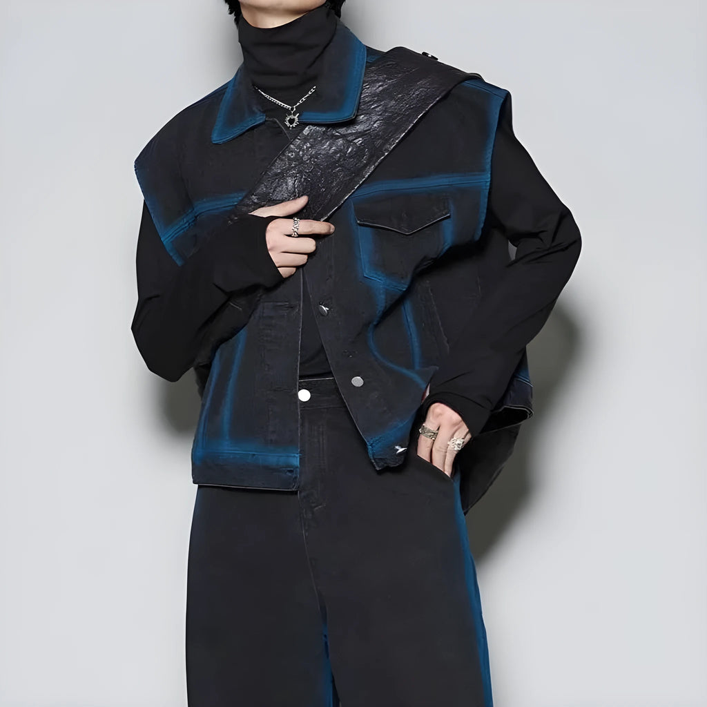 Blue distressed fleece-lined vest and jeans suit set on a hanger