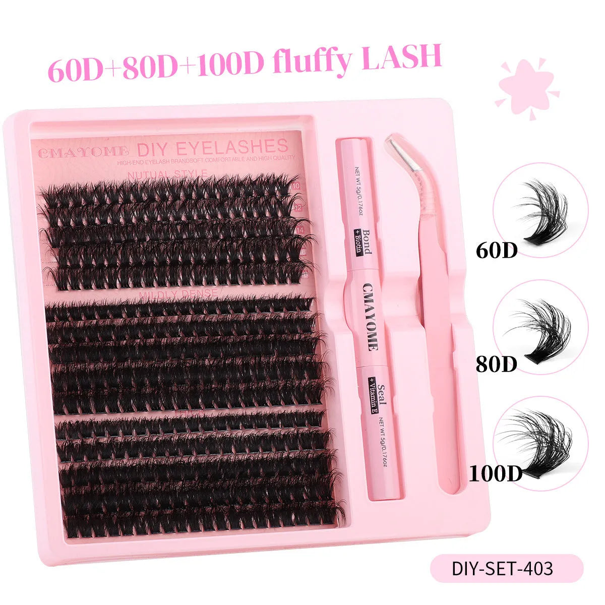 DIY false eyelashes cluster set with applicator tweezers for lash extensions