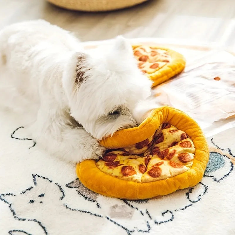 Yellow pizza slice shaped plush dog chewing toy with a squeaker for medium and small dogs.