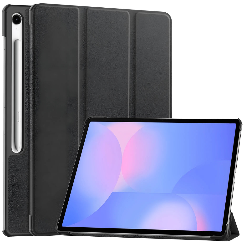 Samsung Tab S10 FE Plus 13.1 inch hard case in tri-fold stand mode showing silk screen design and microfibre lining