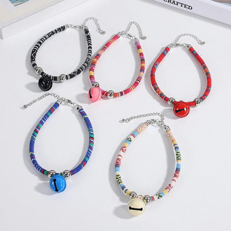 Ethnic style pet collar with bell necklace in colourful band design for cats and small dogs