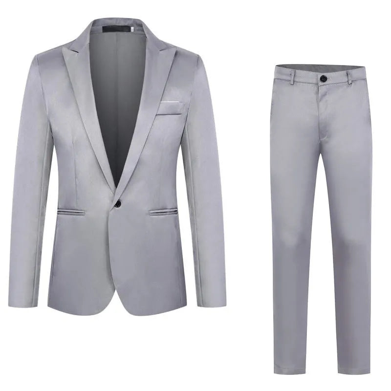 Men's loose fit acetate fibre wedding suit jacket in multiple colours on a size chart background