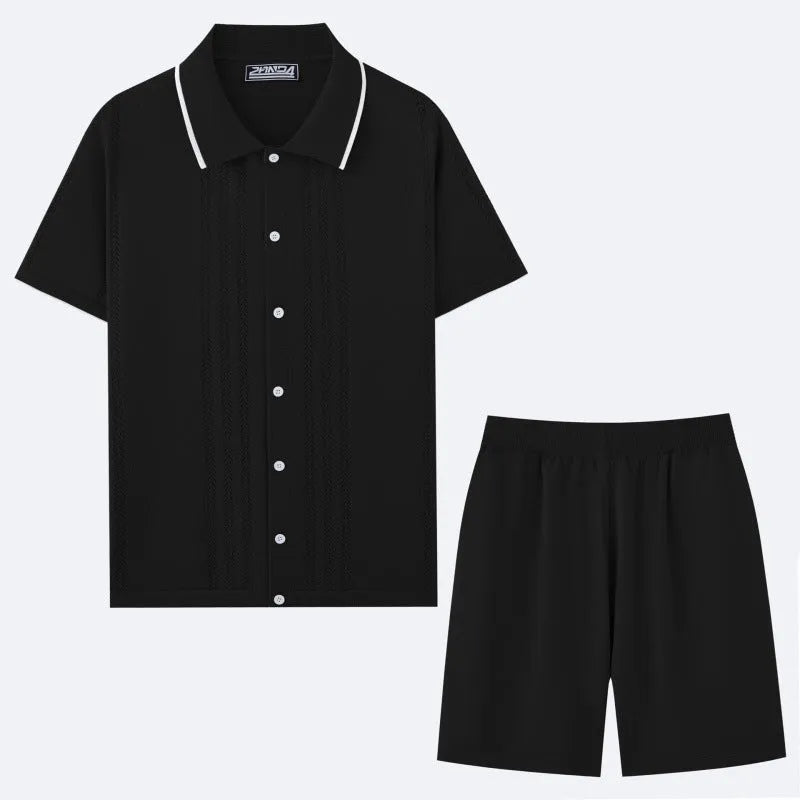 Man wearing a khaki short-sleeve knit top and matching shorts from a business casual two-piece set