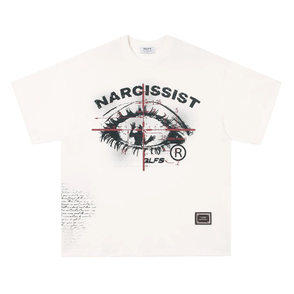 Retro style white cotton T-shirt with black letter print, short sleeves, laid flat.