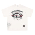 Retro style white cotton T-shirt with black letter print, short sleeves, laid flat.