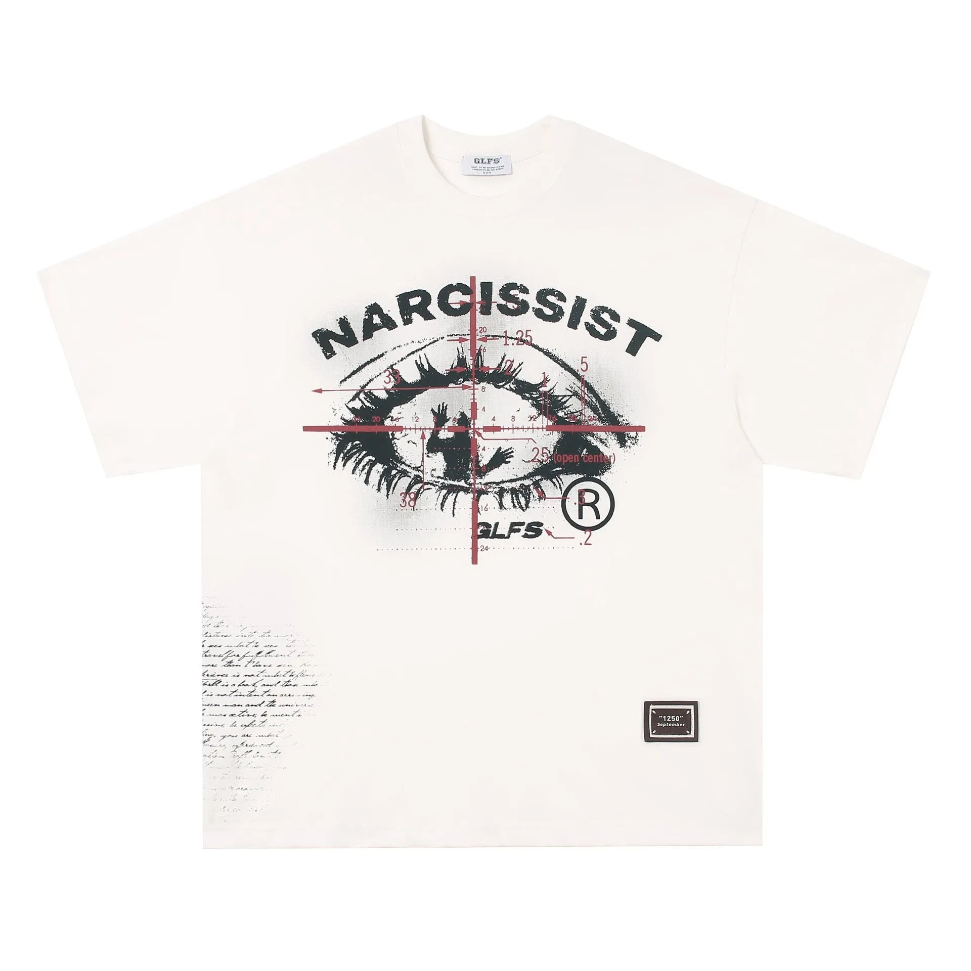 Retro style white cotton T-shirt with black letter print, short sleeves, laid flat.