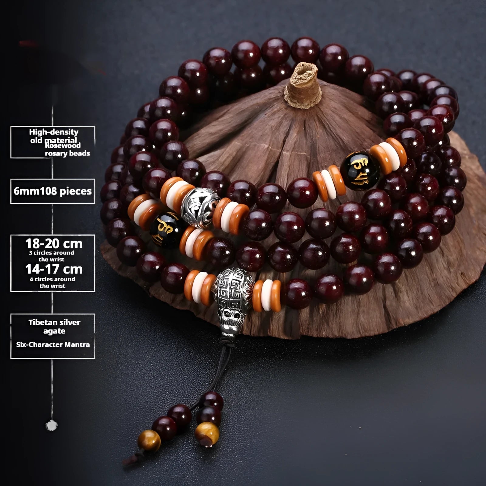 Men's rosewood 108 bead mala bracelet with a turquoise gemstone decorative centrepiece.