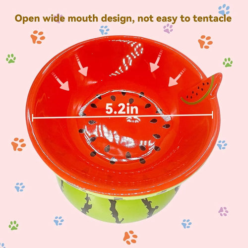 Ceramic raised cat bowl with tilted angle and fruit pattern