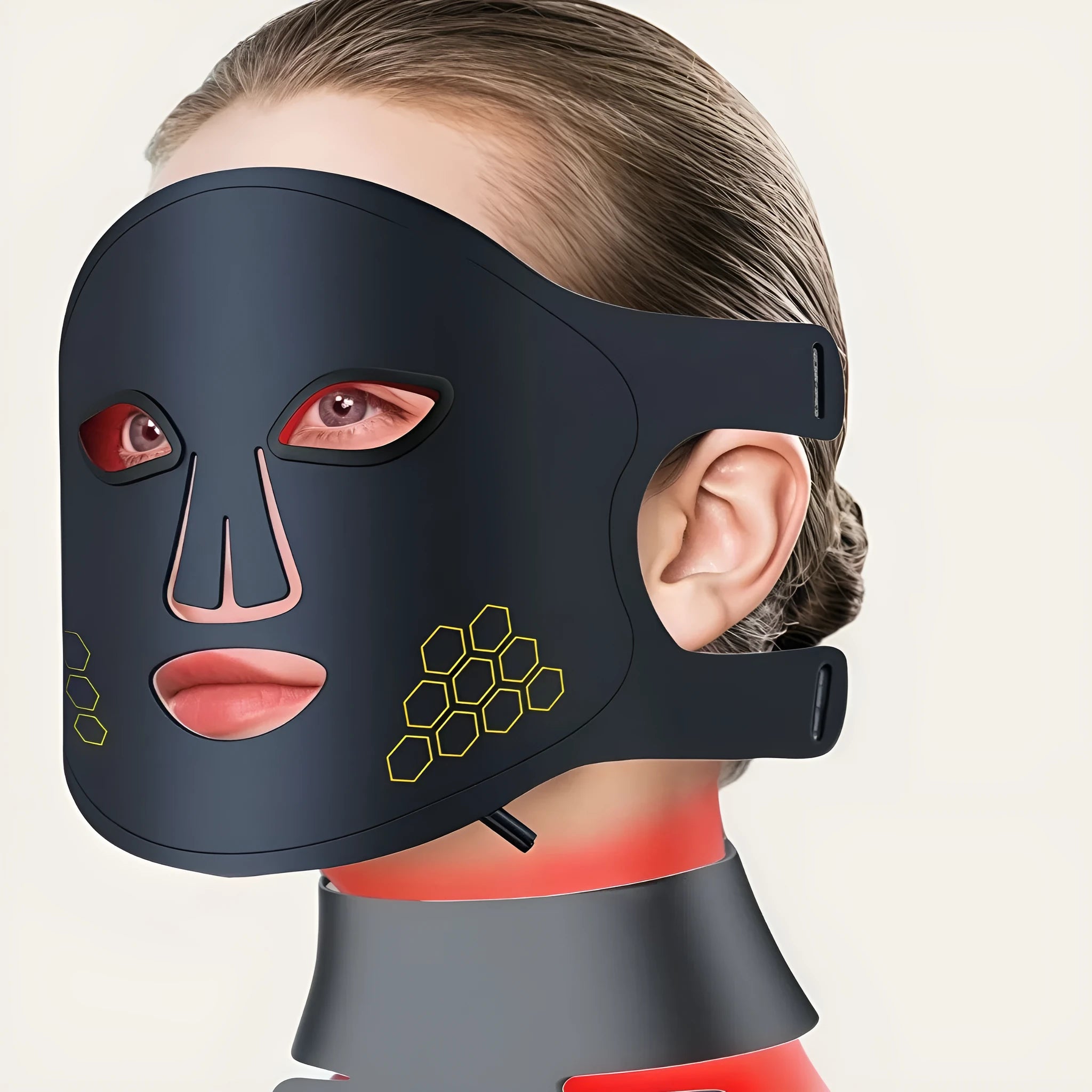 Black LED photon therapy face mask for home skin care treatment.