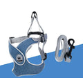 Adjustable mesh dog harness with reflective strips and metal D-ring in blue colour