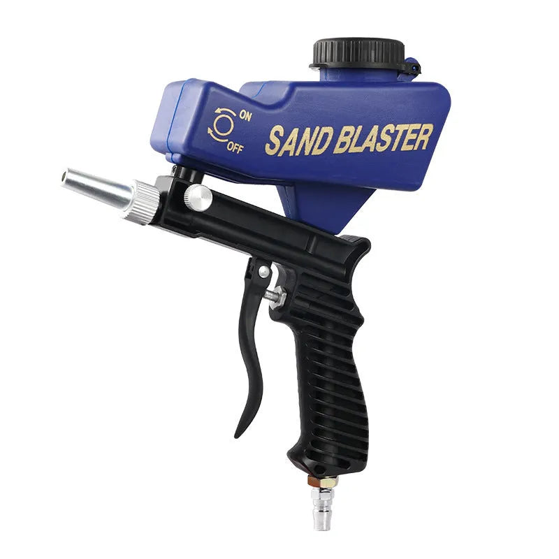 Portable black pneumatic sandblasting gun with tank and nozzle for rust removal.