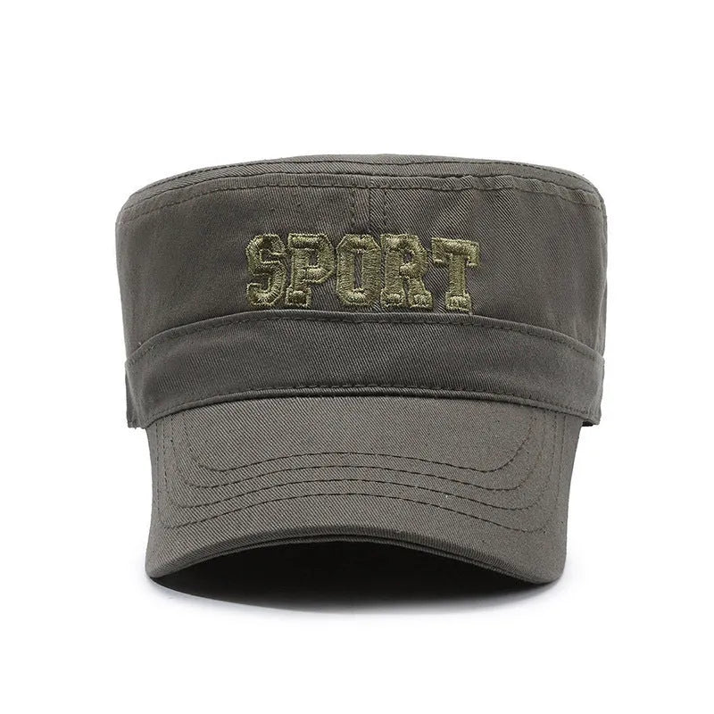 Men's adjustable cotton peaked cap in army green with dome crown and English letter detail