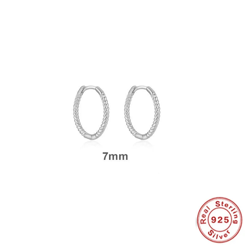 S925 sterling silver twisted string round ring geometric earrings for women on a white background.