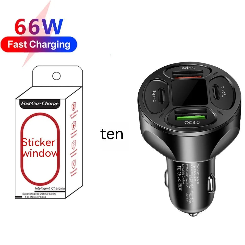 66W car charger with digital display showing 2 USB ports and 2 Type-C ports for vehicle charging